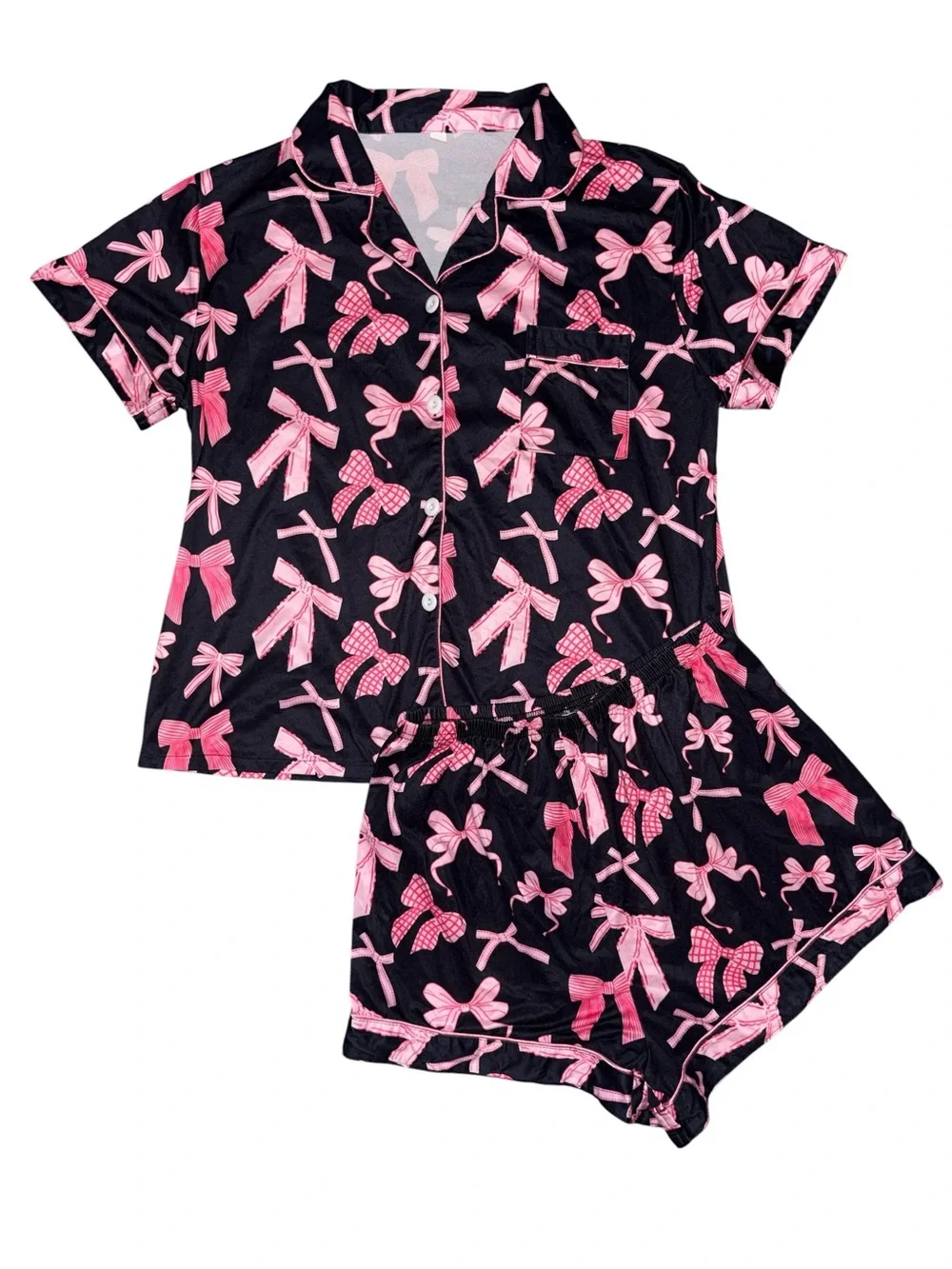 Women’s Black Short Pajama Set with Pink Bow Print